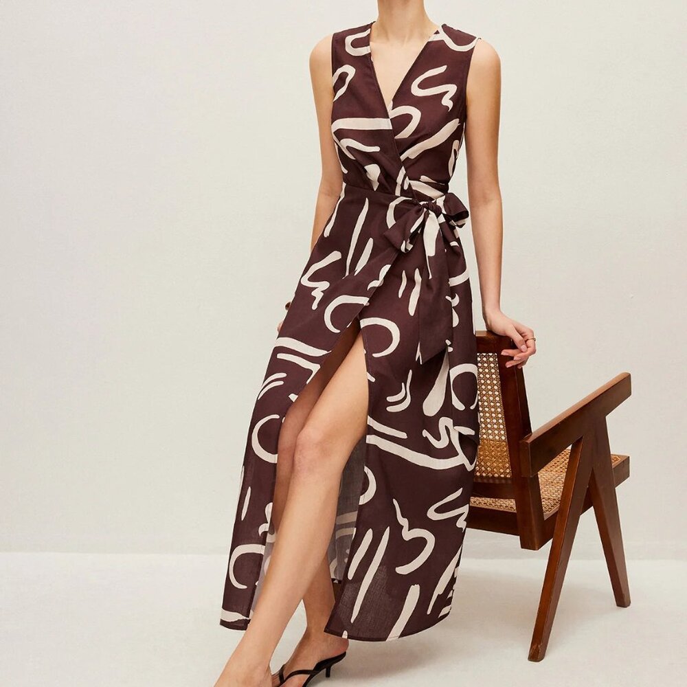 Commense Abstract Print Wrap Dress with Tie Waist – Dark Brown | Size M, NWT!